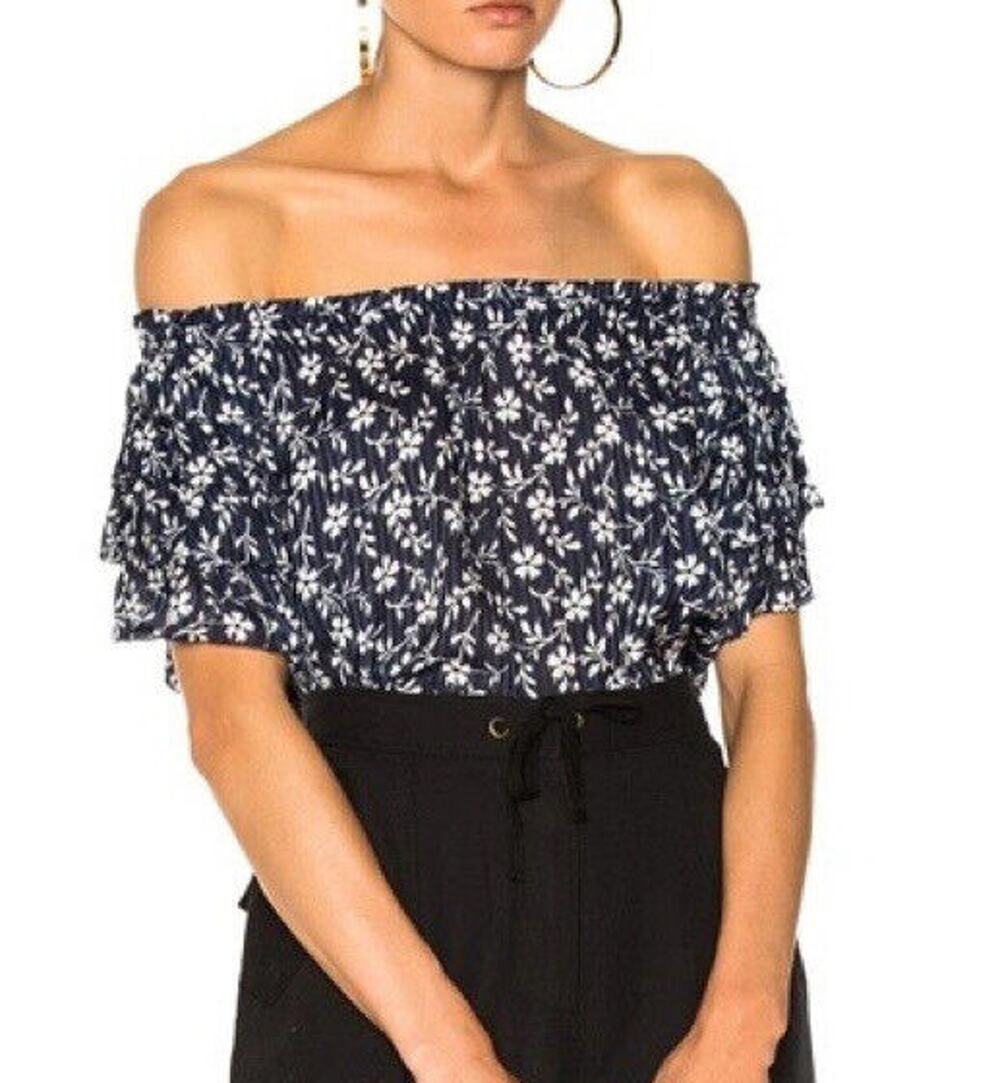 Ulla Johnson Leoda Navy Blue White Floral Top Off the Shoulder Ruffle Cotton 4